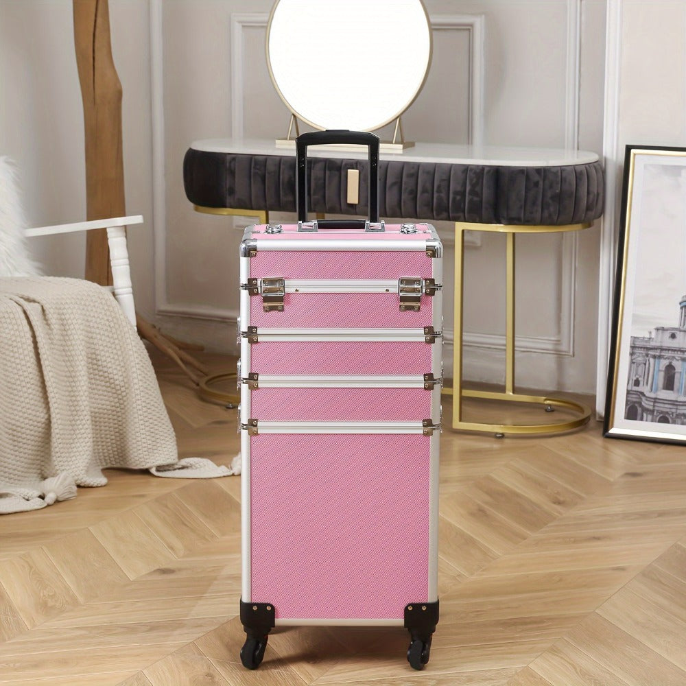 Rolling Makeup Case Aluminum 4-in-1 Extra Large Professional Cosmetic Trolley with 360° Swivel Wheels for Makeup Artist Tattoo Artist Salon Travel Black Pink Silver - product image 2