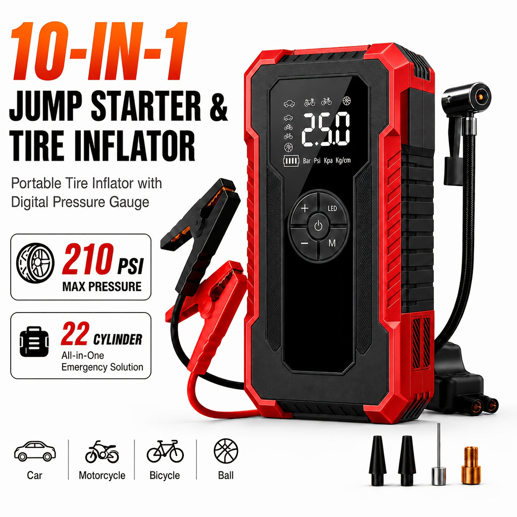 Portable Tire Inflator with Digital Pressure Gauge, Portable Air Compressor, 150PSI/210 PSI, 22 Cylinders, Built-In 12V Car Emergency Jump Starter and Battery - product image 3