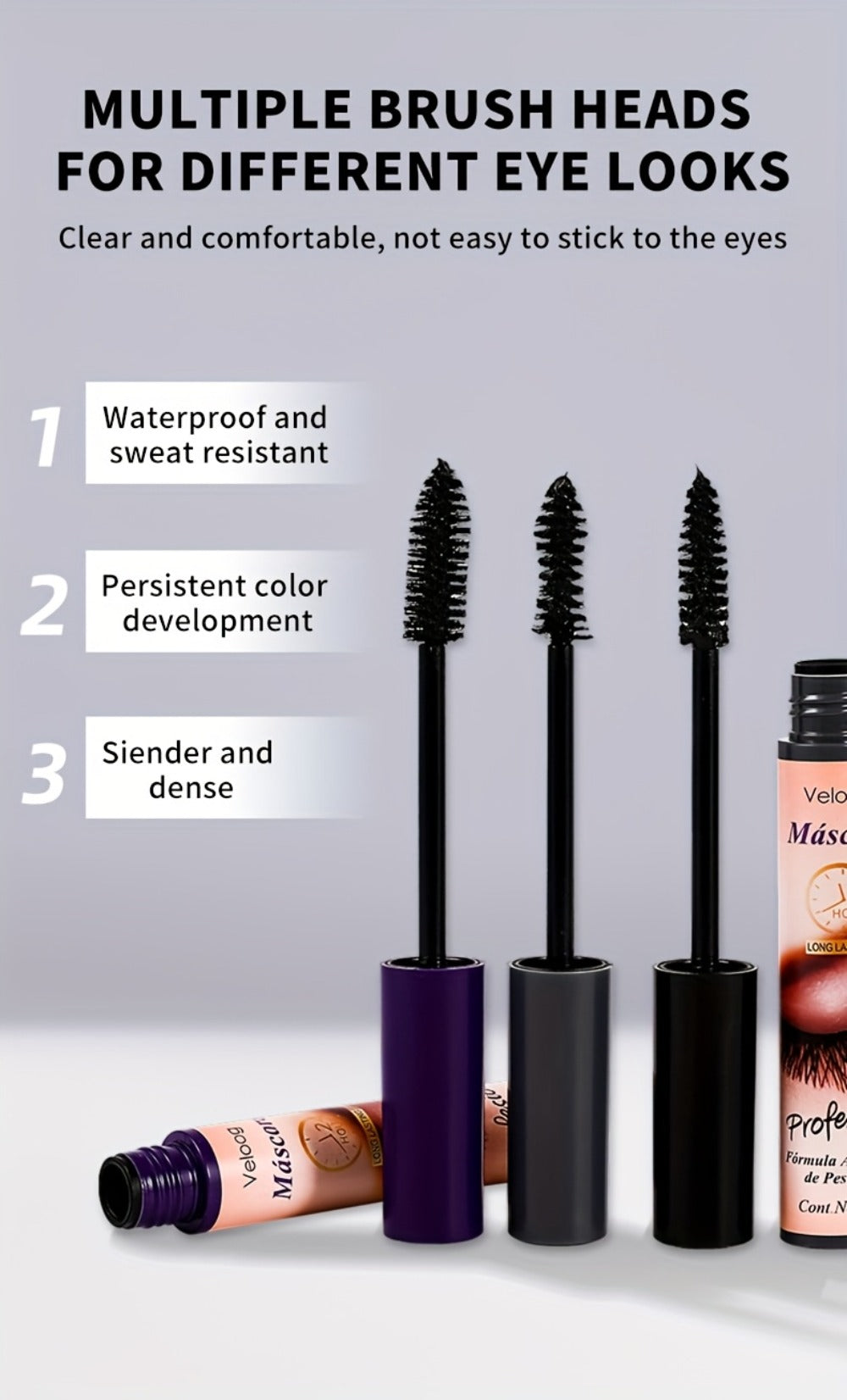 Waterproof Mascara Set 3 Piece — Lengthening Volumizing Curling Lash Mascara with Sea Urchin Spiral Conical Brush Heads, Long-Lasting Smudge-Proof Sweatproof Eye Makeup for Women - product image 12