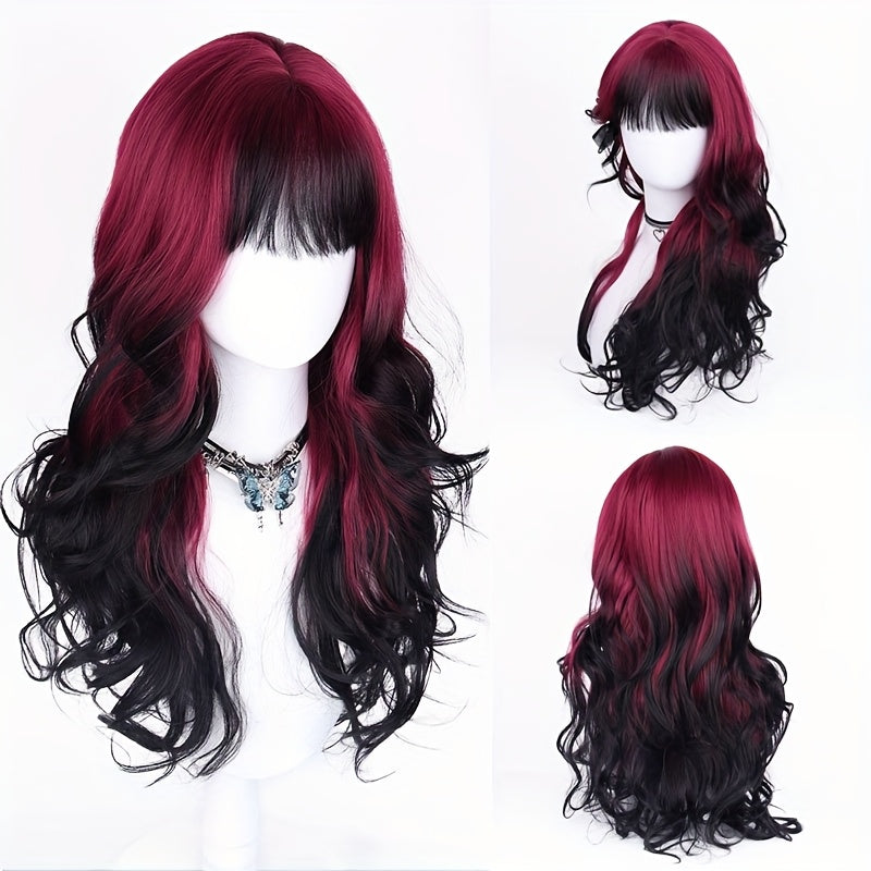Long Curly Wig Black Red Highlights 28 Inch Wavy Synthetic Rose Net Cap Glamorous Voluminous Hair for Women Cosplay Party Halloween Daily Wear Fashion Statement - product image 7
