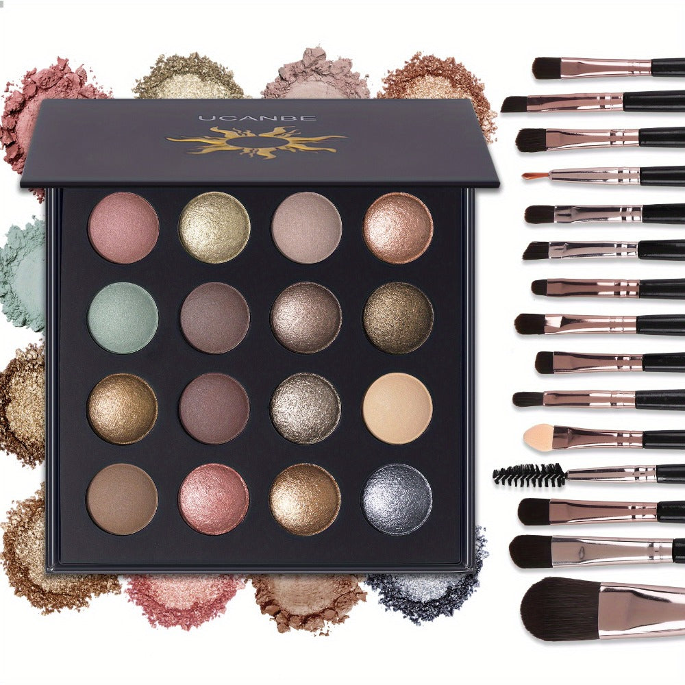 16-Color Eyeshadow Palette with 15 Brushes Complete Kit — Baked Matte Shimmer Metallic High Pigment Waterproof Long-Lasting Nude Coral Tones Eye Makeup Set for Women & Girls - product image