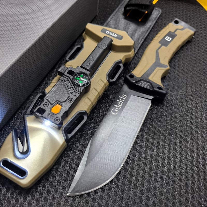 Fixed Blade Outdoor Camping Knife 9.64 Inch Stainless Steel – Non-Slip Ambidextrous Handle for Hiking Mountaineering Adventure – Survival Hunting Knife with Flint Fire Starter Night Light Sharpener Safety Sheath