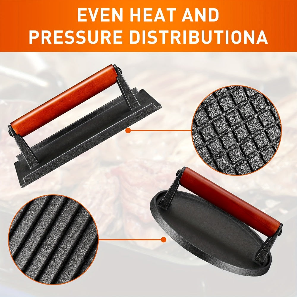 Cast Iron Burger Press Kit 2pcs - Round & Rectangular Heavy Duty Meat Press with Wooden Handle for Smash Burgers, Sandwiches, BBQ, Camping - product image 2