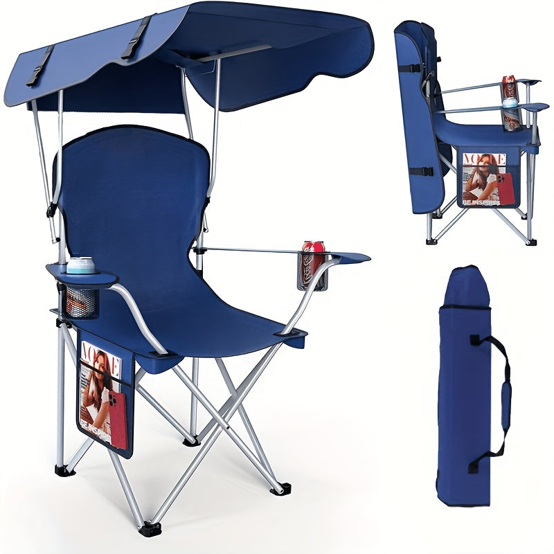 Carry-along Folding Camping Chair with Canopy Sun Shade 600D Oxford Fabric Outdoor Chair for Camping Beach Picnic Fishing Sports Featherlight Collapsible Seat