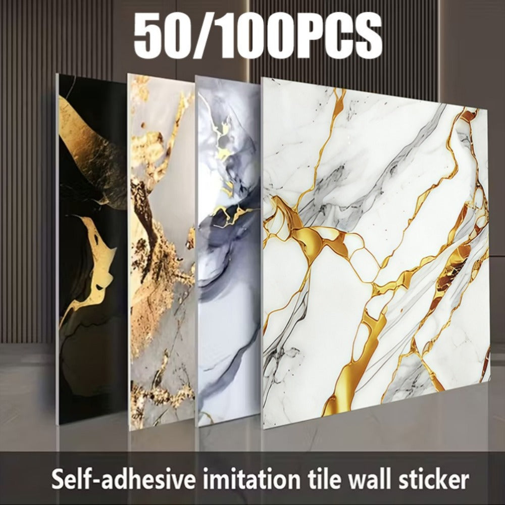 Self-Adhesive Marble Tile Stickers 11.8x11.8in Peel and Stick Wall Tiles for Bathroom Kitchen Backsplash – Waterproof 3D Glossy Imitation Marble Wall Panel, Easy to Install, 50 or  - product image