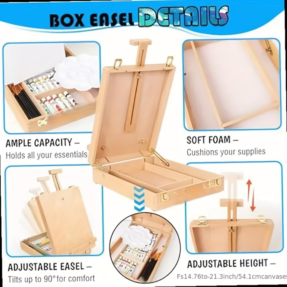 Plein Air Painting Set 14 Piece – Complete Outdoor Art Kit for Artists Adults Beginners – Carry-along Sketch Box with Adjustable Wooden Tabletop Easel Paint Canvas Tray 4 Brushes & Palette Knife