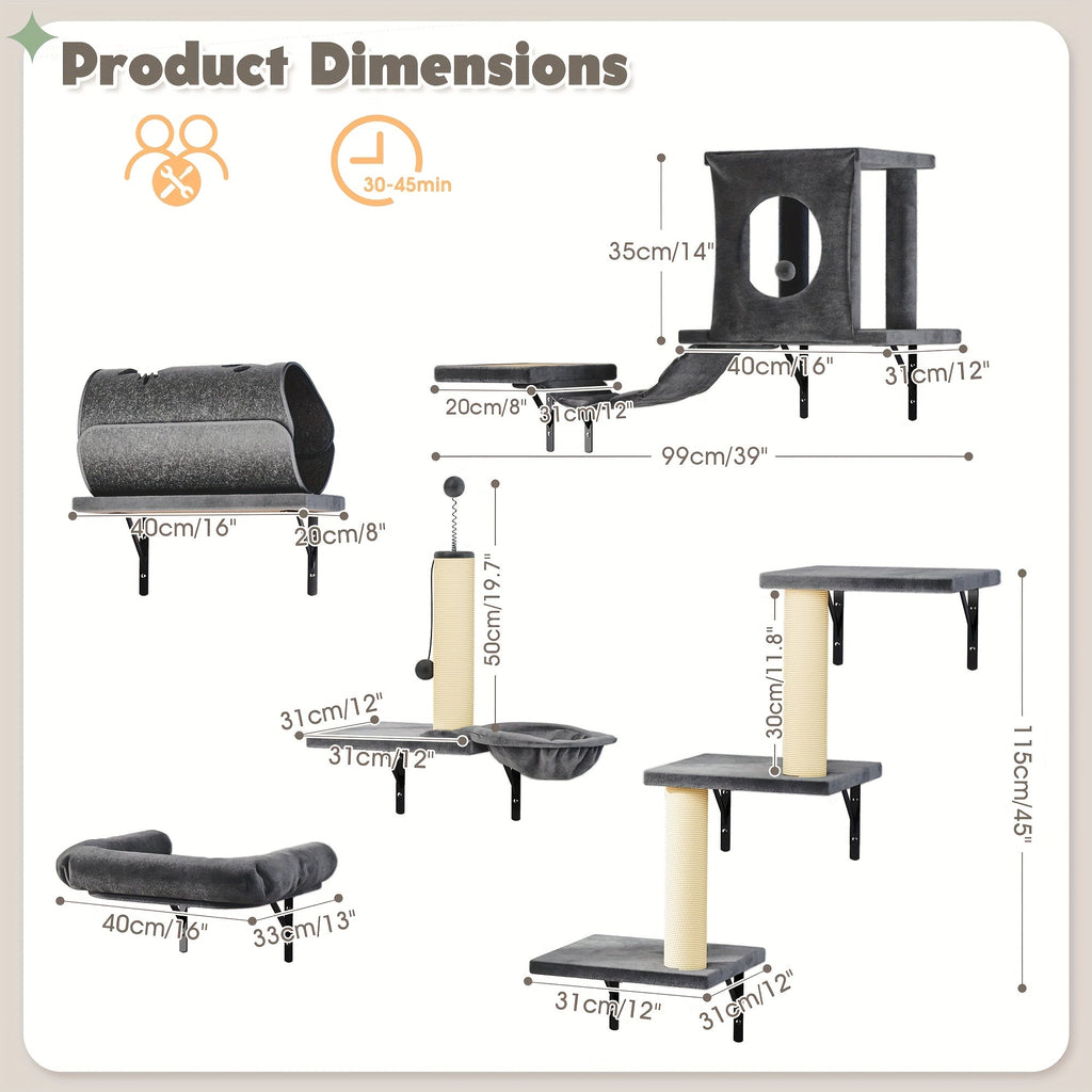 7-Piece Deluxe Wall Mounted Cat Furniture with Condo, Scratching Post, Bridge, Ladder & Tunnel for All Cat Sizes – Cat Wall Shelf Climbing Set - product image 4