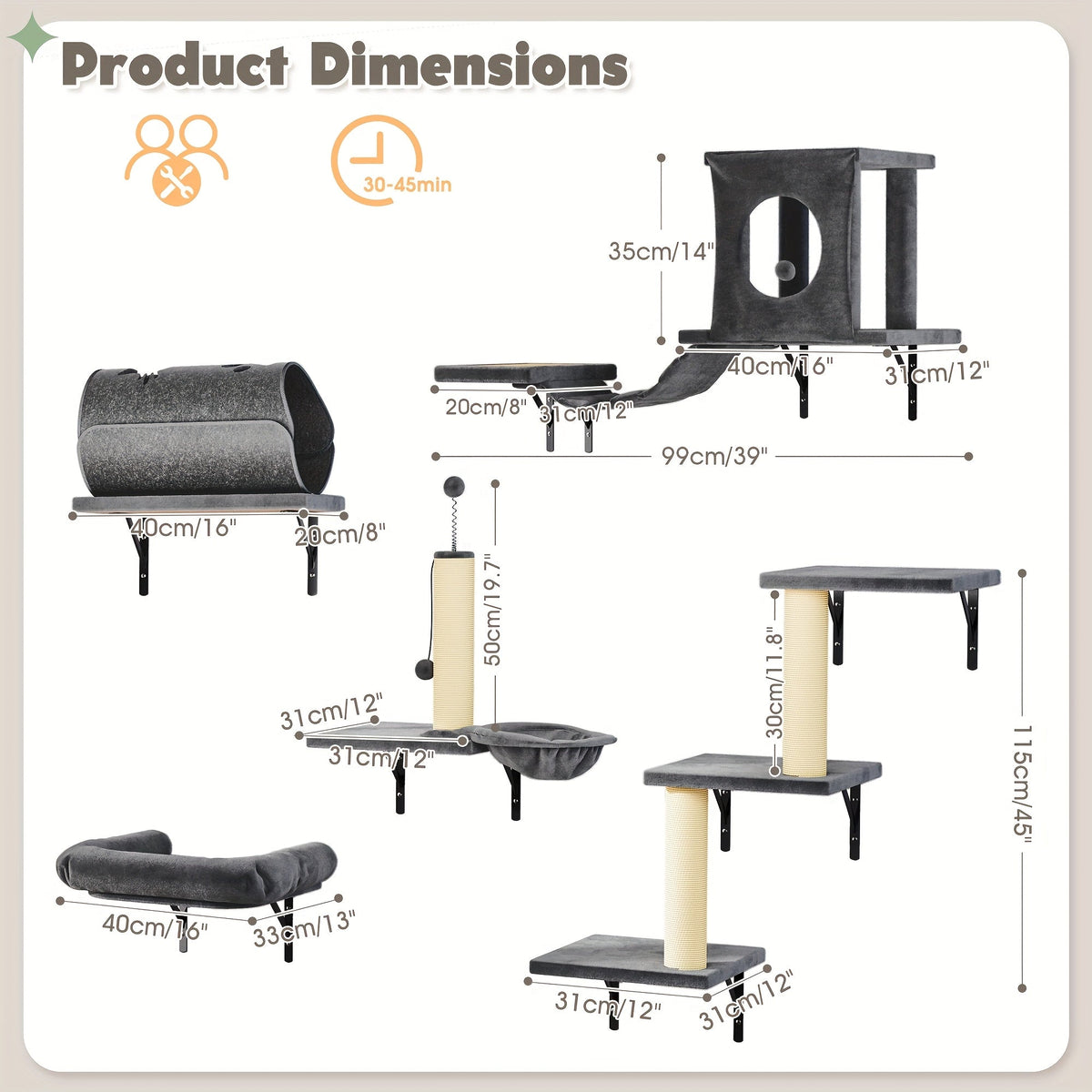 7-Piece Deluxe Wall Mounted Cat Furniture with Condo, Scratching Post, Bridge, Ladder & Tunnel for All Cat Sizes – Cat Wall Shelf Climbing Set - product image 4