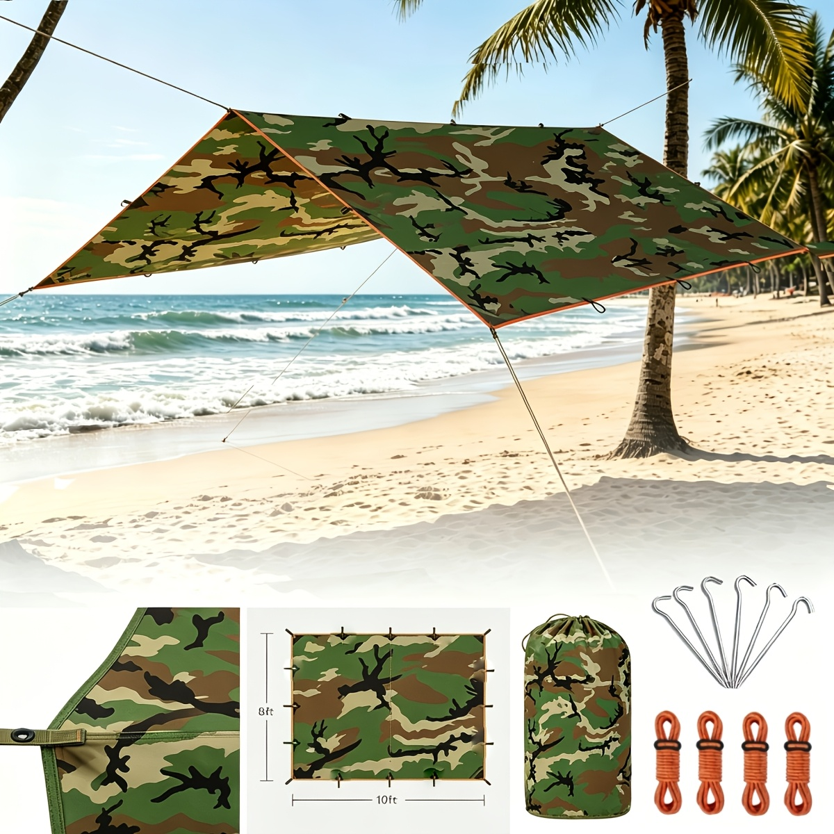 Camping Tarp Canopy with UV Protection – Multiple Colors & Sizes – Portable Collapsible Waterproof Shelter Tent for Backpacking, Hiking, Garden, Outdoor Survival