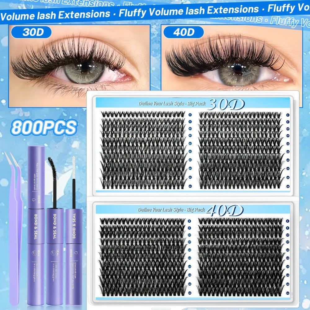 800Pcs Fluffy Wispy Lash Clusters Kit — 30D 40D Mixed Length 8-16mm DIY Eyelash Extensions with 2-in-1 Bond & Seal Glue and Tweezers, Natural Long-Lasting Cluster Lashes for Everyd - product image