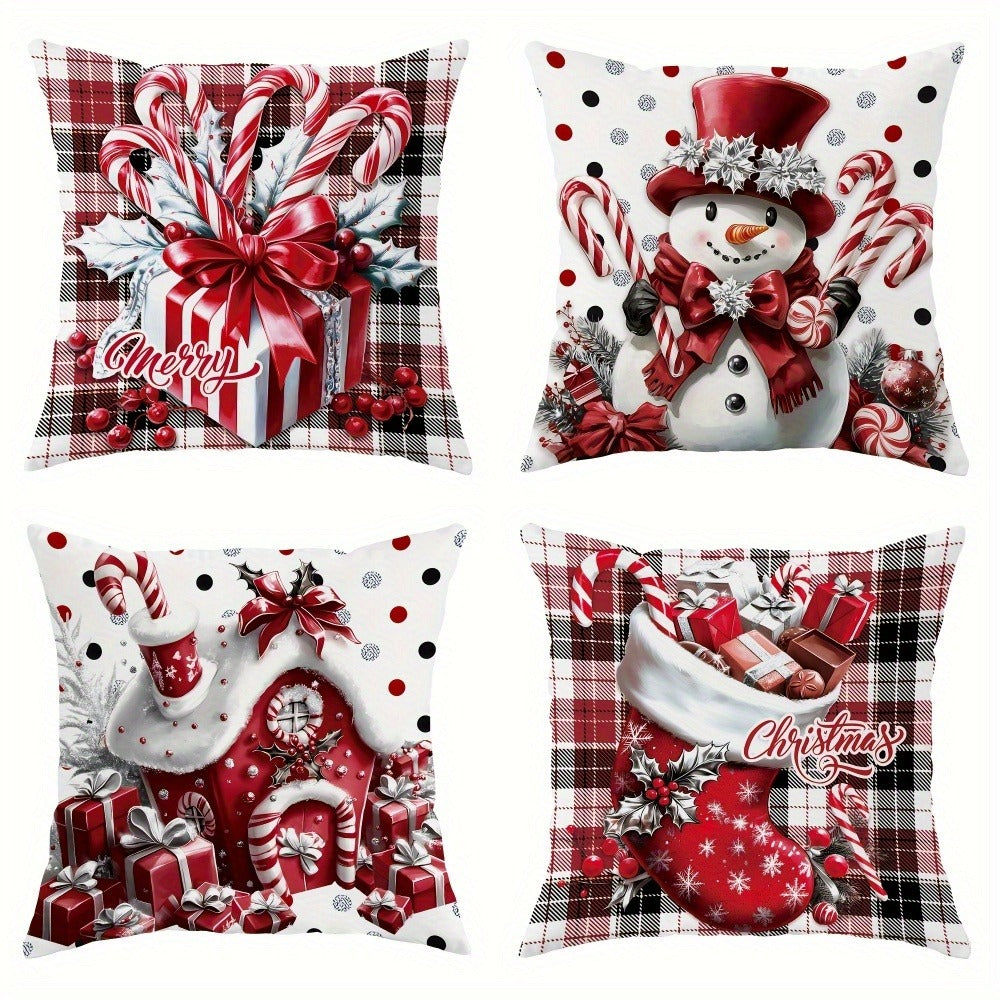 Christmas Throw Pillow Covers 4pcs Set - Snowman Candy Cane Buffalo Plaid Polyester 18x18in Decorative Cushion Covers with Zipper for Holiday Winter Living Room Bedroom Sofa Bed De - product image