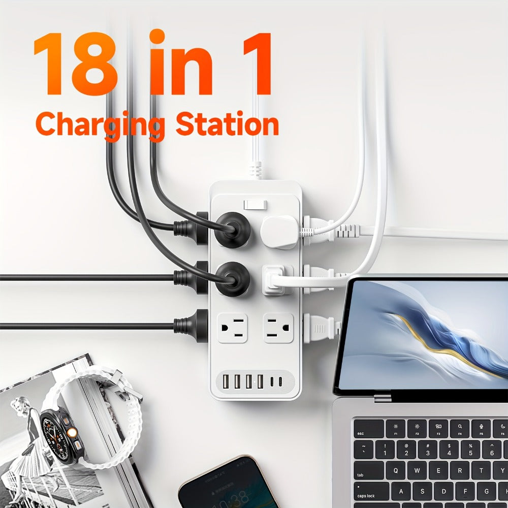 Charging Station Power Strip 18-in-1 with 12 AC Outlets 4 USB-A 2 USB-C Ports Surge Protector Flat Plug 5FT PVC Extension Cord Fire-Resistant for Home Office Travel Desk White Blac - product image 2