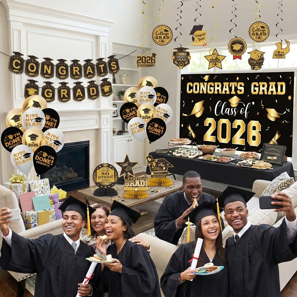 Complete Set with Backdrop Banner Hanging Swirls Balloons & Honeycomb Supplies, 6 Color Options Purple Maroon Blue Red Green Gold | Class of 2026 Graduation - product image 4