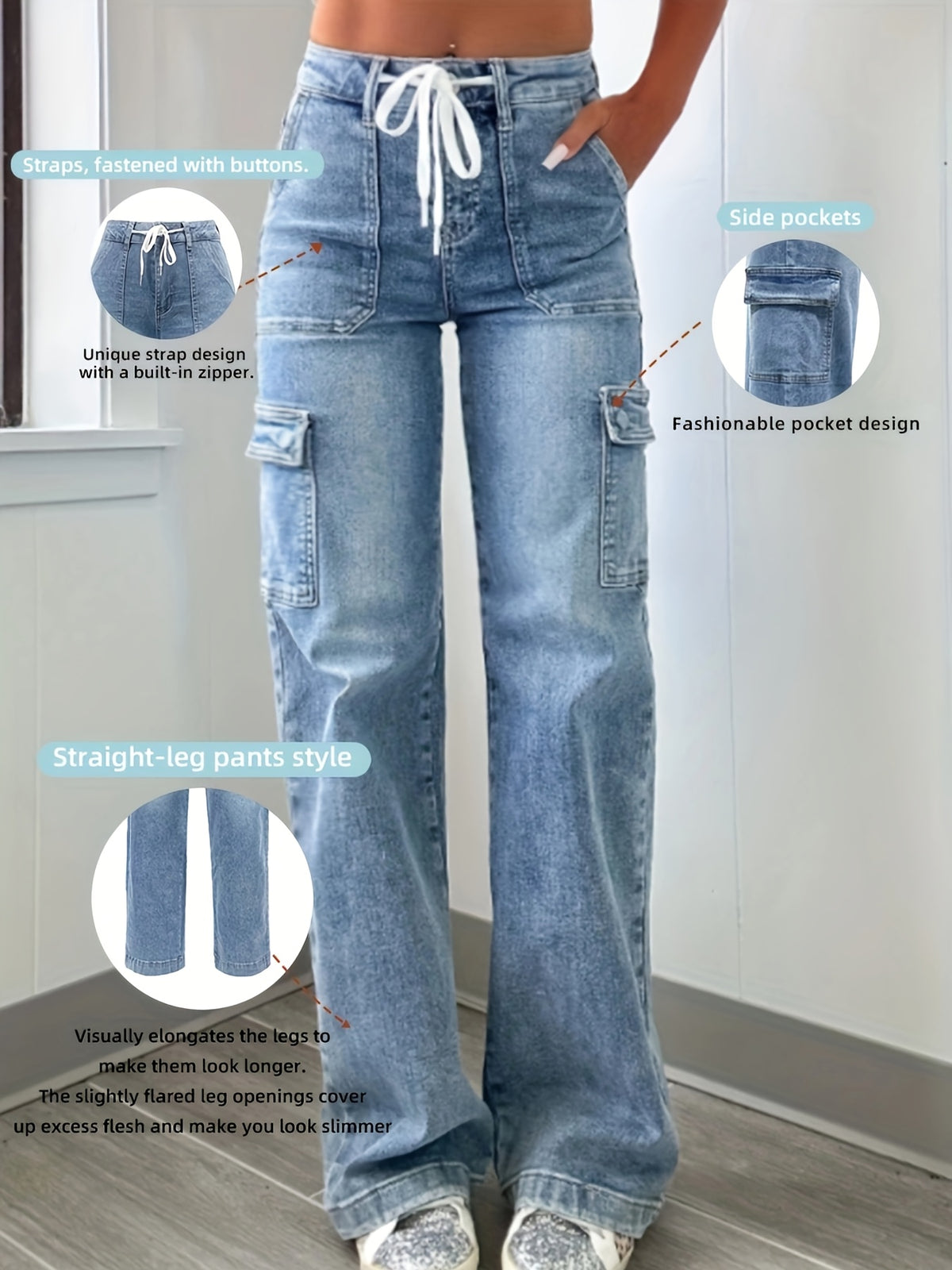 New Style Women's Leisure Straight-Leg Jeans with Laces and Multiple Pockets, Casual Fashion Denim Fabric Sweatpants Jeans Fit Women's Clothing - product image 8