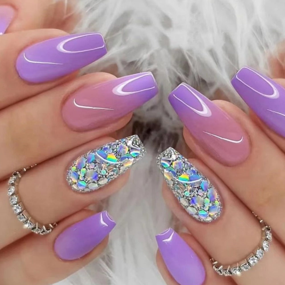 Glitter Sequin Press On Nails 120pcs Coffin Medium Length 5 Packs – Sparkling Pinkish Purple Glossy Full Cover False Nails | Glamorous Nail Art Kit for Women | Party Wedding Bridal - product image 11