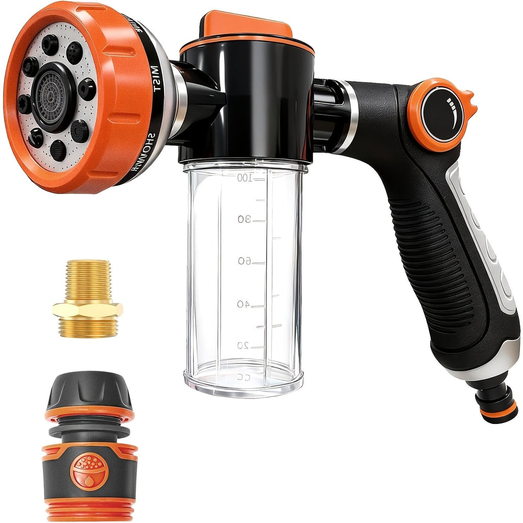 Dog Wash Hose Attachment 8-in-1 Spray Nozzle with 100cc Soap Dispenser | Pet Shower Sprayer for Bathing Dogs, Car Wash & Garden Watering