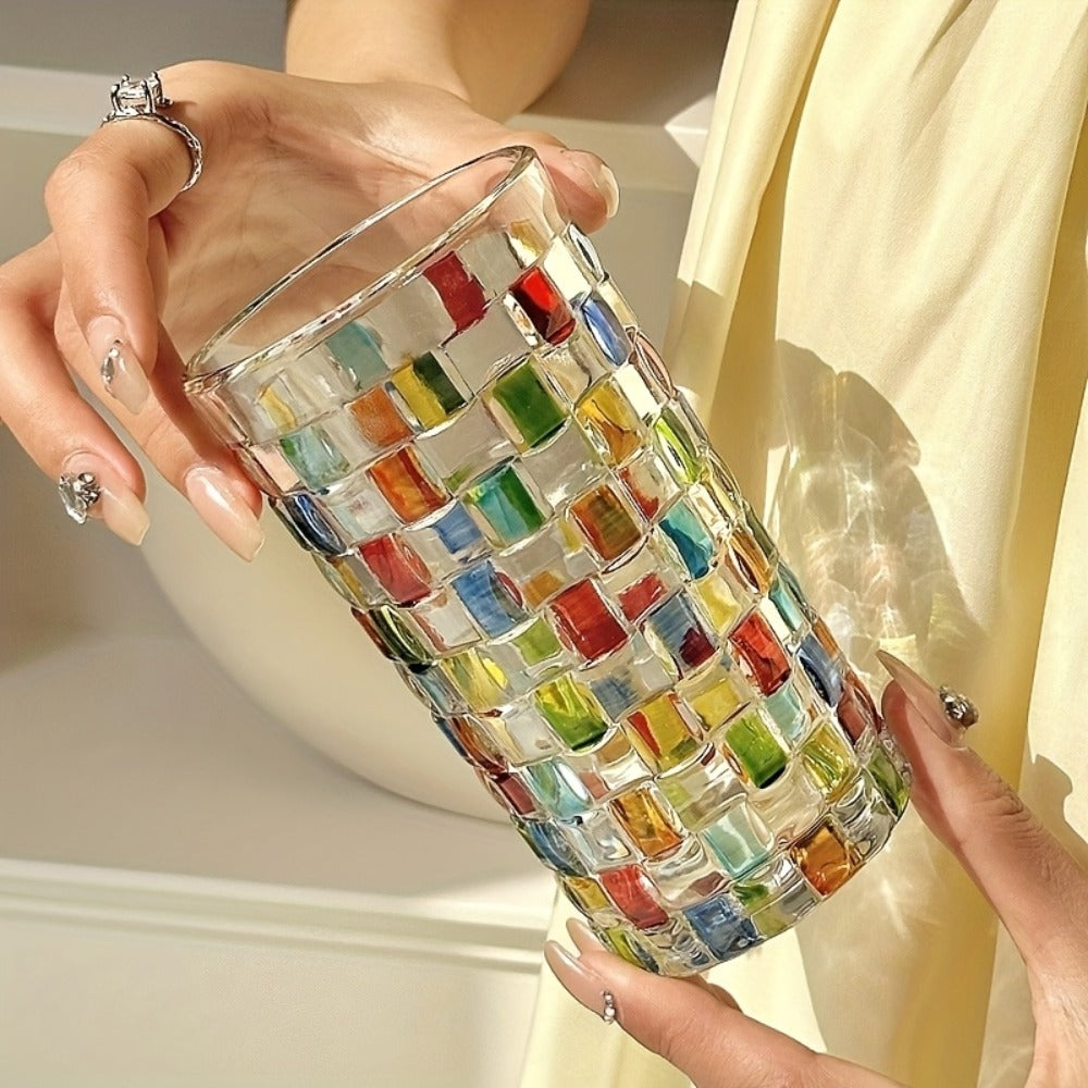 Hand-Painted Drinking Glasses Set – Colorful Square Lattice Woven Handcrafted Glass for Water, Juice, Whiskey & Beer – Artistic Decorative Glassware for Home Bar & Entertaining – 2 - product image 3