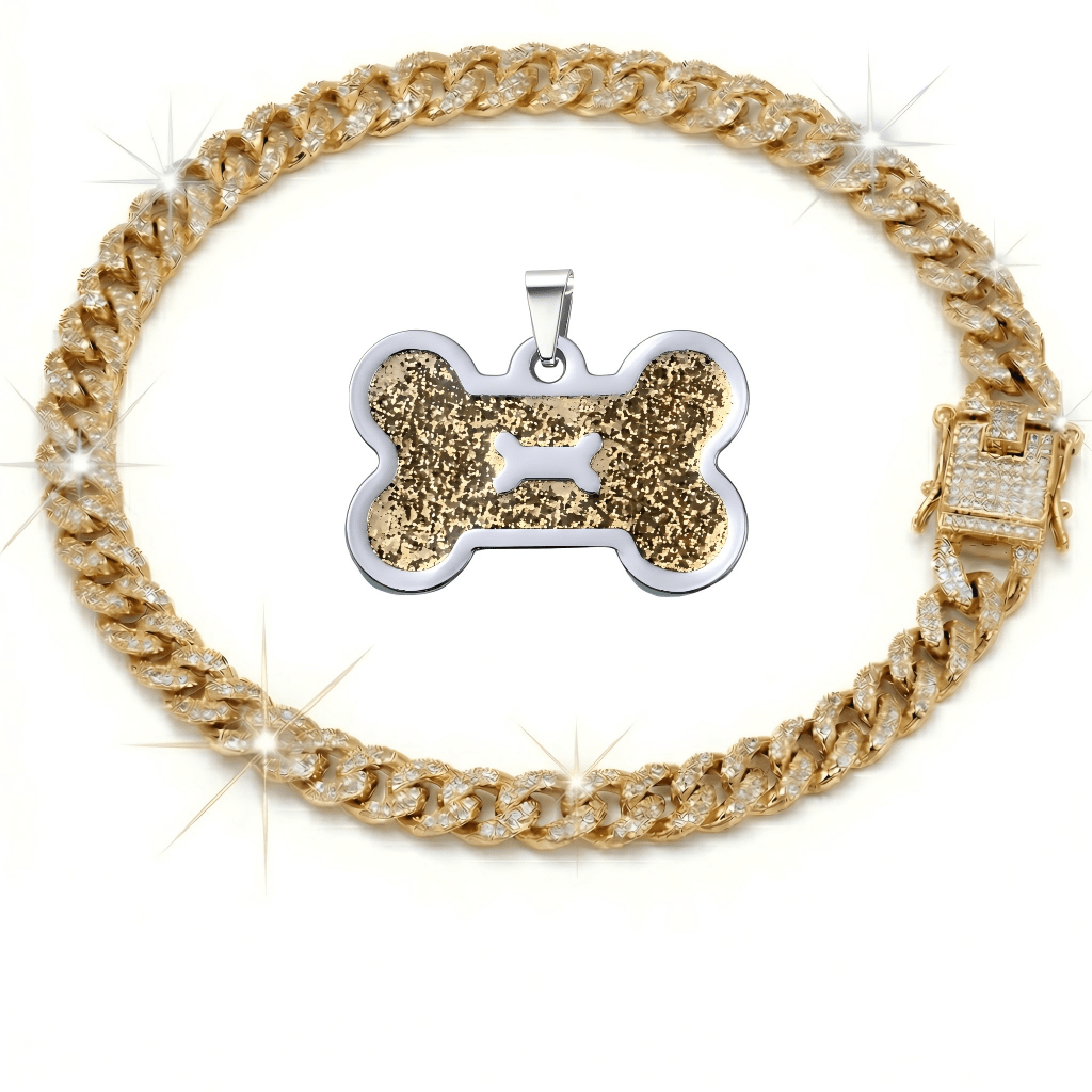 2pcs Engravable Bone-Shaped Tag with Rhinestone Collar for Dogs & Cats S to 4XL – Pet ID Tag & Cuban Link Collar Set - product image 3