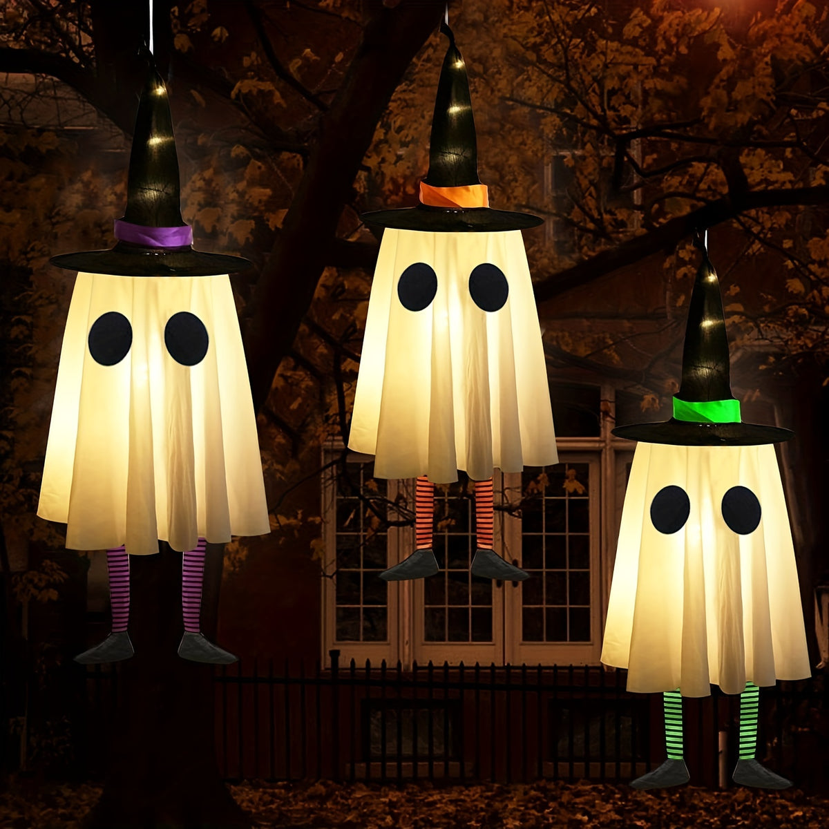 3pcs Halloween Hanging Decorations, Outdoor Hanging Ghosts with Witch Hats and Glowing Lights; Suitable for Yards, Patios, Gardens, and Trees - product image