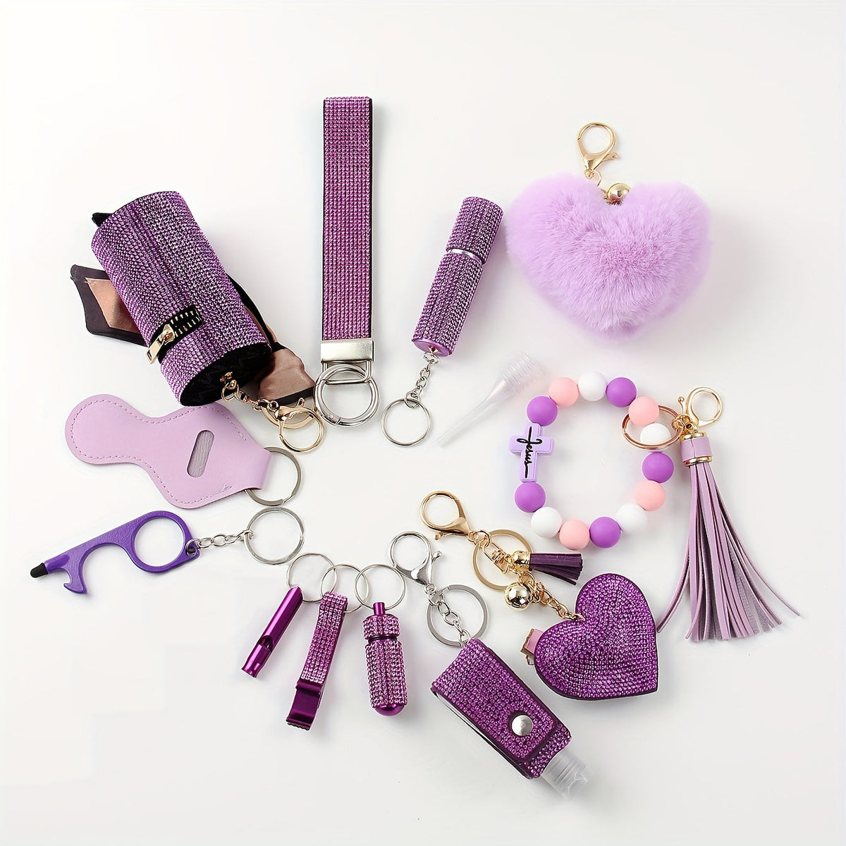 Safety Gadgets with Window Breaker Whistle Hand Sanitizer Holder Perfume Bottle Beaded Bracelet PU Tassel, Holiday Birthday Gift Box | Rhinestone Keychain Set - product image 10