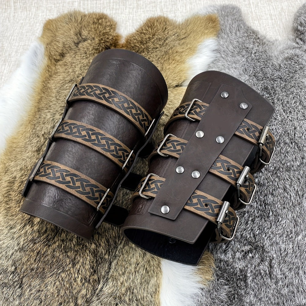 Embossed Renaissance LARP Cosplay Costume Accessory for Halloween, Stage Performance & Photography, Brown & Black, 1pc or 2pcs – Medieval Faux Leather Bracers Viking Arm Guards