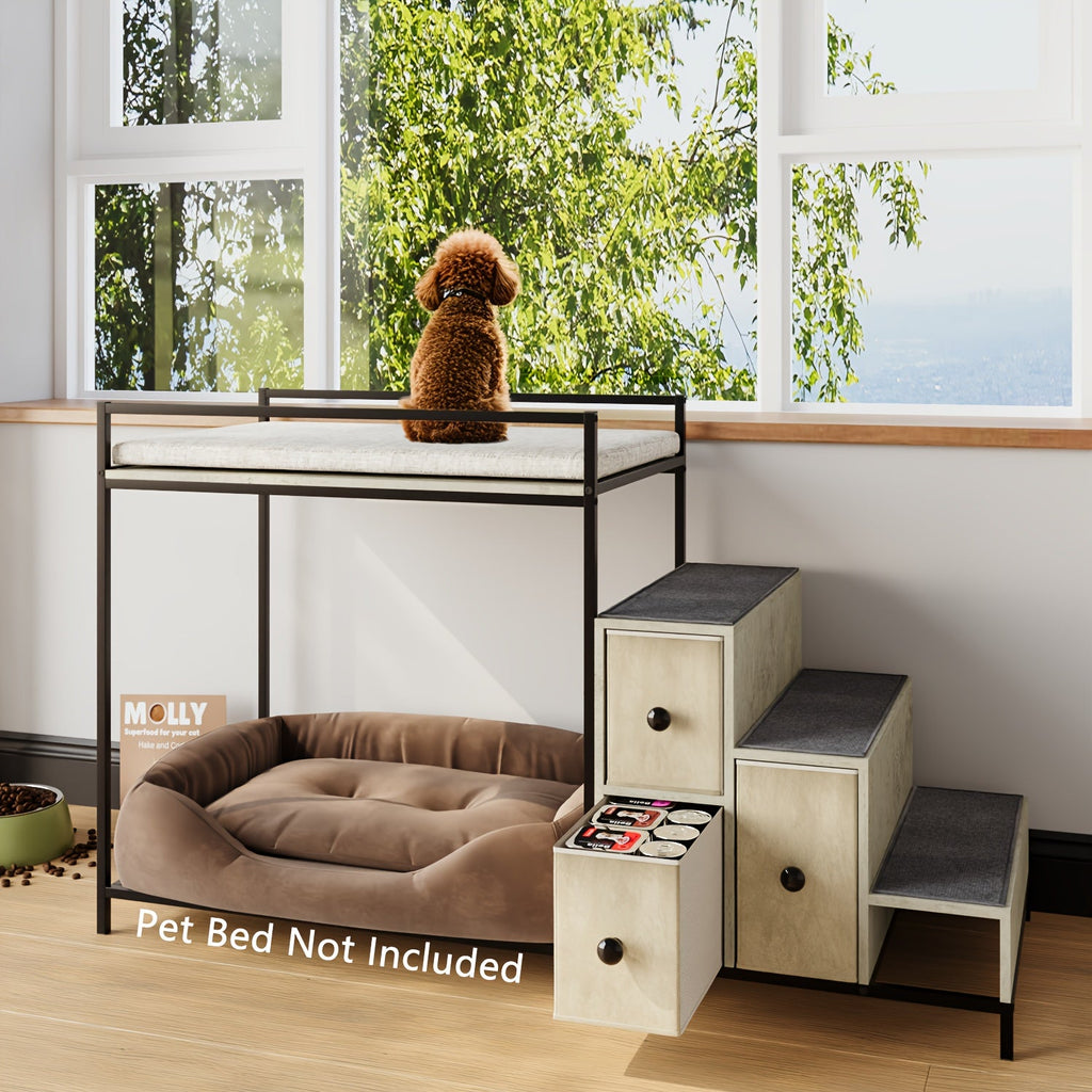 Cat Window Perch with Stairs & 3 Storage Drawers | Large Multi-Level Pet Bunk Bed Platform for Cats and Dogs, Foam Upholstered - product image 4