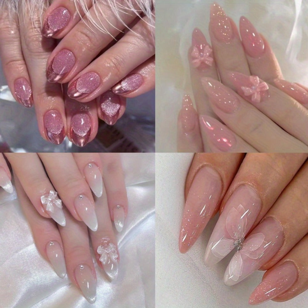Ice Pink Almond Press On Nails 96 Pieces 4 Packs – Gradient Flower Butterfly Glossy Full Cover False Nails for Women Girls | Shiny Nail Tips Daily Wear Spring Summer Bridal Wedding - product image 3