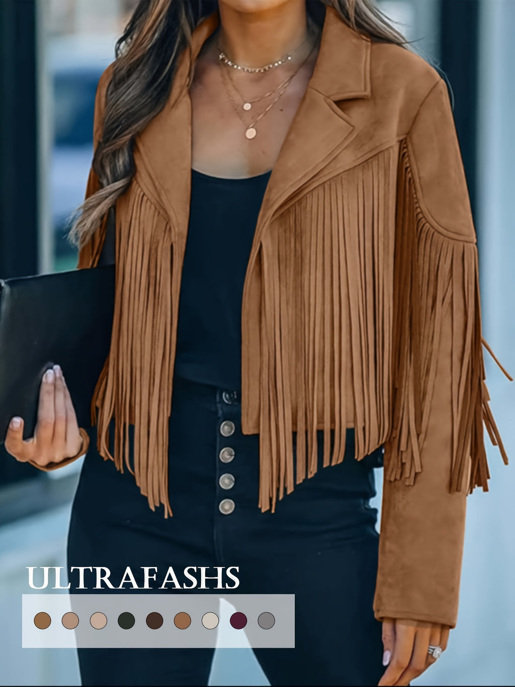 Women's Faux Fringe Jacket, Motorcycle Short Outerwear, 2026 Western Style Fashion Autumn/Winter Long Sleeve Denim Cardigan Jacket, Deer Velvet Faux Fringe - product image