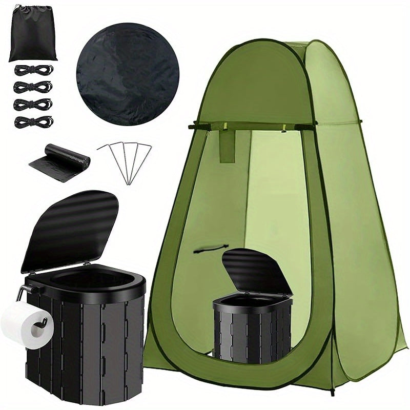 Pop-Up Privacy Tent with Carry-along Camping Toilet for Adults | Ground Stakes & Windproof Ropes for Camping | Foldable Outdoor Shower Changing Potty Tent Kit with 12 Toilet Bags | Hiking | Travel & Picnics