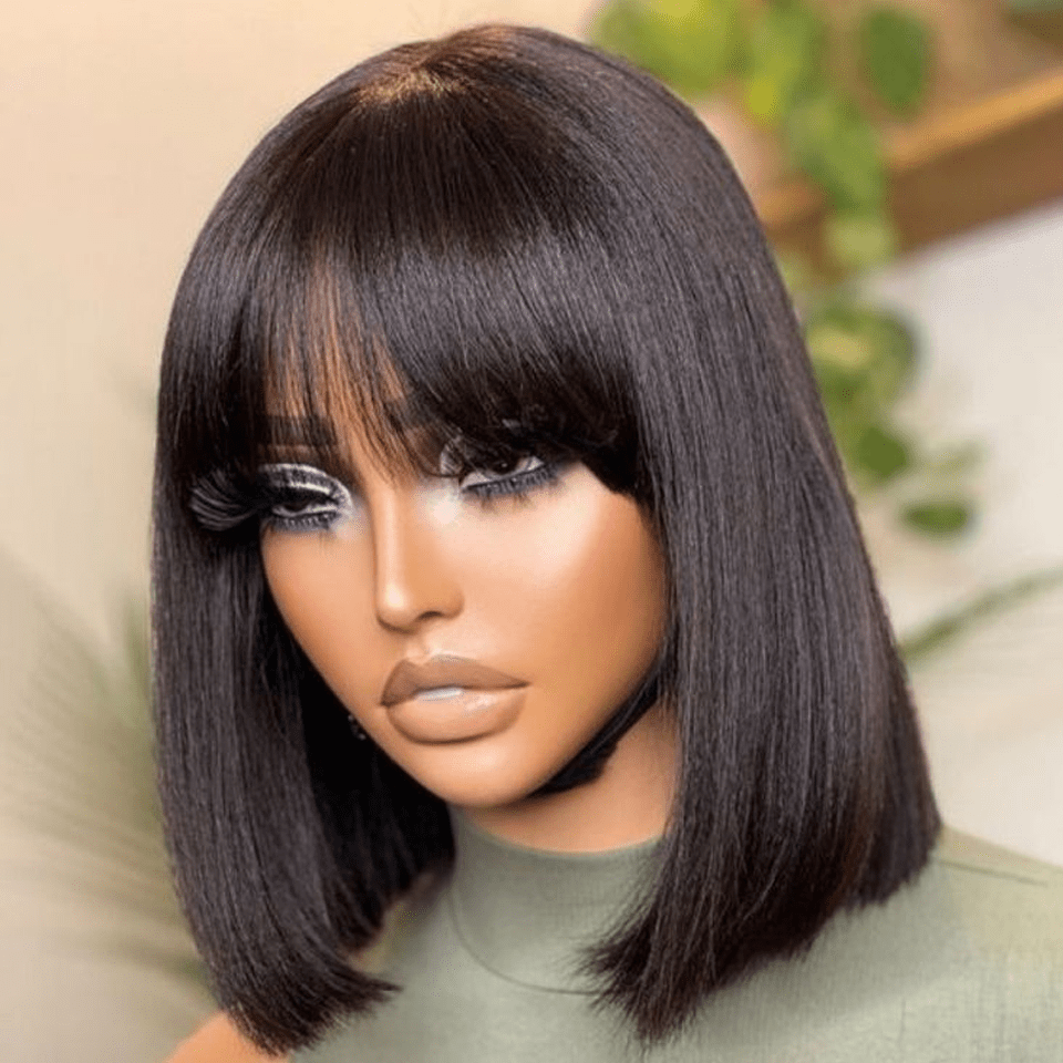 Straight Bob Wig with Bangs Human Hair 3x1 Lace Part Pre-Plucked Glueless Brazilian Short Bob 150 Density 1B/30 Highlight Natural Black 10-12 Inch Women - product image 11