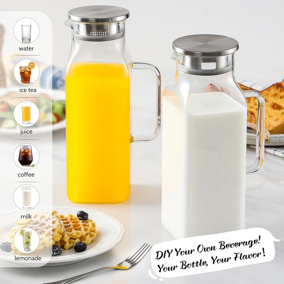 Glass Pitcher with Lid & Handle 68oz – Square Borosilicate Water Jug for Fridge – Heat Resistant Iced Tea Carafe, Cold Brew Coffee Server & Beverage Pitcher for Juice, Milk & Sangria