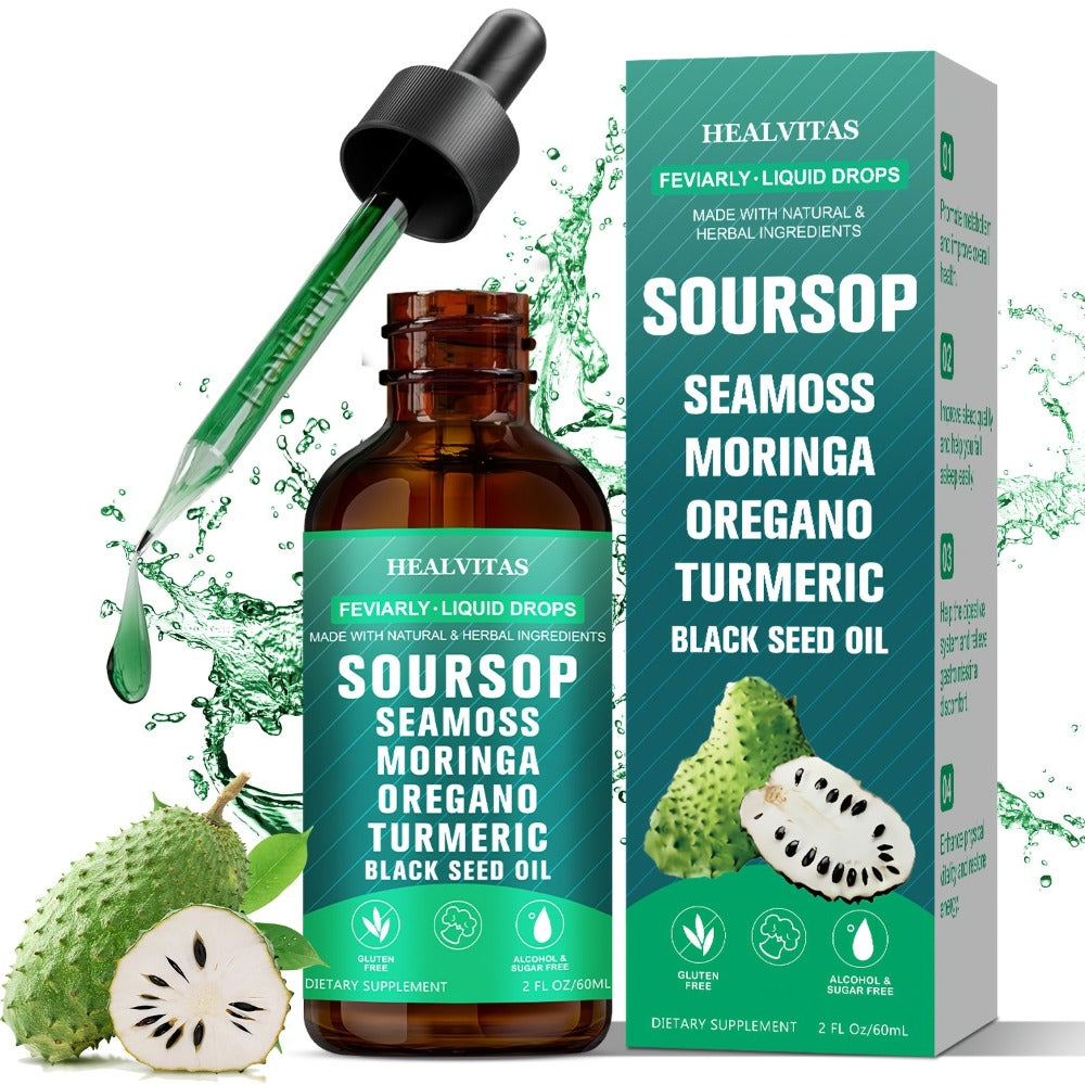Soursop Bitters Liquid Drops 10-in-1 with Sea Moss Ashwagandha Moringa Turmeric Black Seed Oil — Plant-Based Immune & Energy Herbal Extract | Sugar-Free | 2.03 fl oz - product image