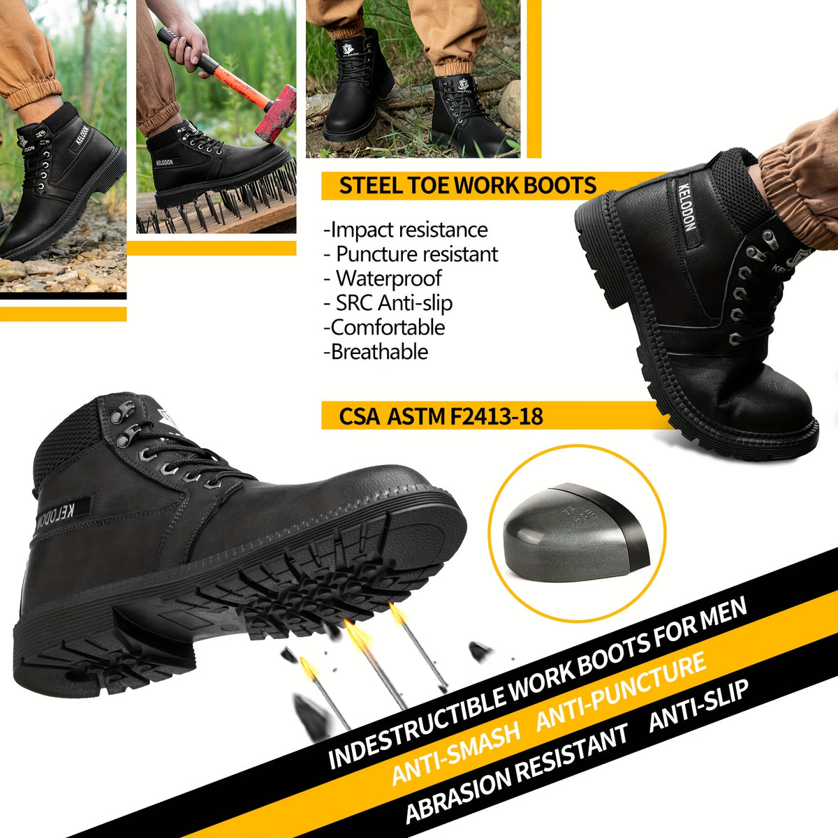 Men's Heavy-Duty 6-Inch High Quality Work Boots with Steel Toe Cap - Slip-Resistant Slip-Resistant Shoes, All-Terrain Traction Rubber Sole, Cushioned Insole - product image 5