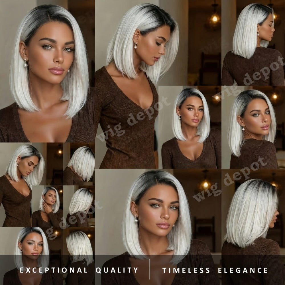 U Part Lace Front Bob Wig 4x1 Glueless Rose Net Cap Middle Part Natural Hairline Synthetic Wig for Women 14 Inch Brown Highlights Milky White Black Pink - product image 18