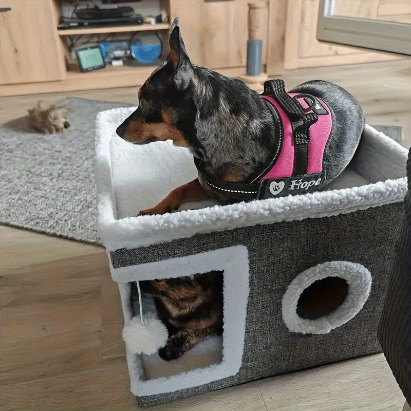 Cat House Collapsible Multi-Layer 2-Tier Bed Toy Tunnel Scratching Post Plush Hanging Ball Canvas Nylon Frame All-Season Indoor Cat Cube Enclosure Gray Classic - product image 3