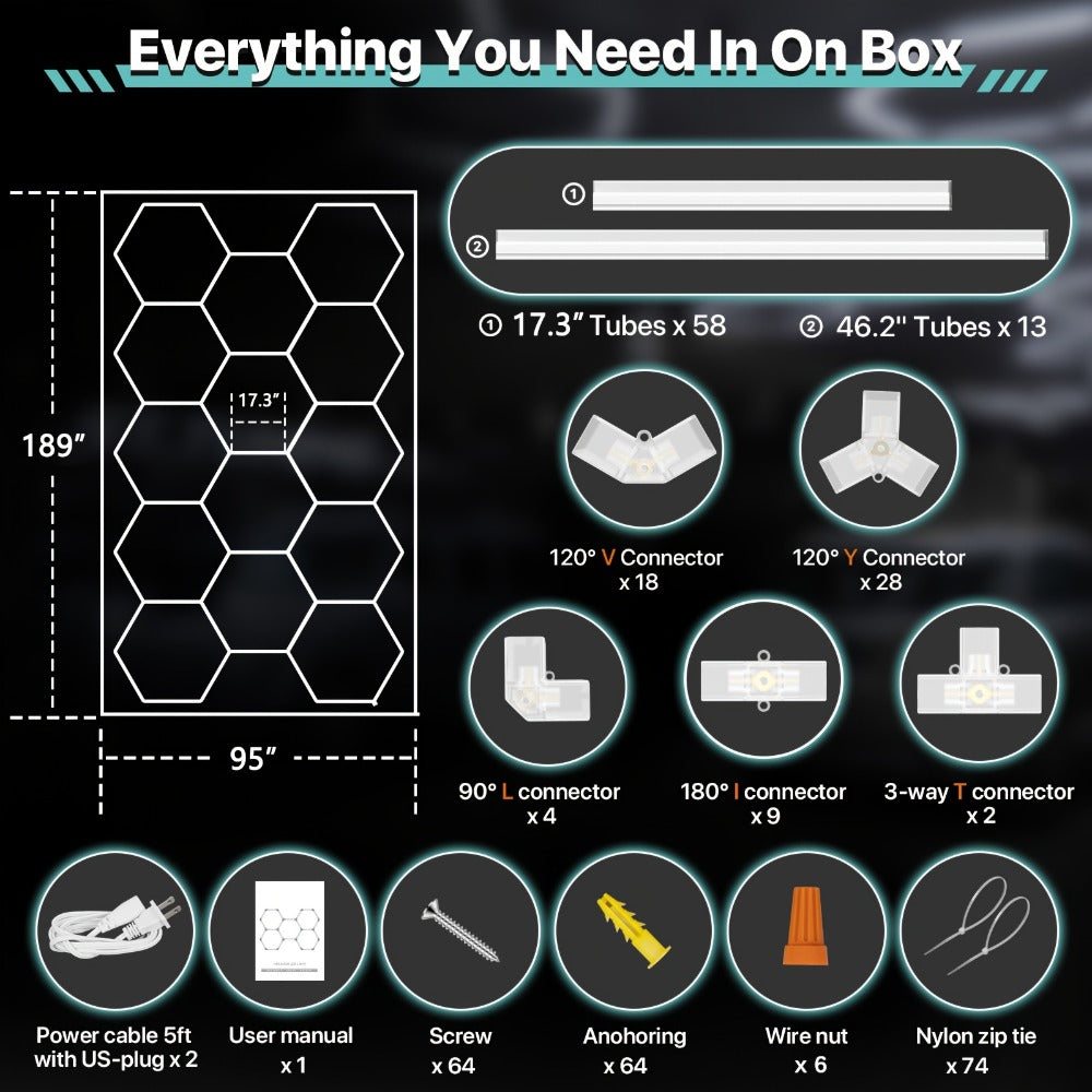 LED Hexagonal Garage Light 6500K – Super Bright Daylight White Shop Light 42W–620W for Auto Detailing, Warehouse, Workshop, Basement & Gym (1 to 32 Grids, Hex Frame Available) - product image 27