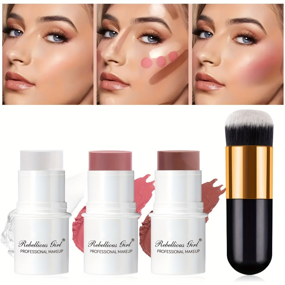 Contour Highlight Blush Stick Set 4-Piece with Professional Brush | Creamy Waterproof Cheek Sculpting Kit | Highlighter + Blush + Bronzer Sticks | Matte & Luminous Finish for All S - product image