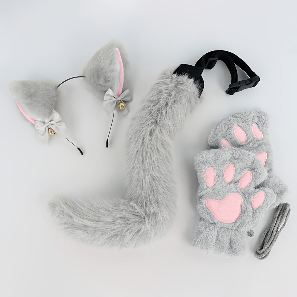 Bell Ear Headband, Plush Paw Gloves & Adjustable Tail for Halloween, Cosplay, Role Play & Stage Performances, Cute Gift for Women Girls, Grey White Brown Pink - product image 11