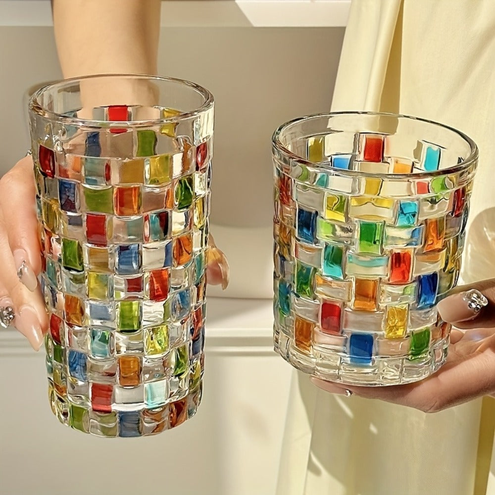 Hand-Painted Drinking Glasses Set – Colorful Square Lattice Woven Handcrafted Glass for Water, Juice, Whiskey & Beer – Artistic Decorative Glassware for Home Bar & Entertaining – 2 - product image 6