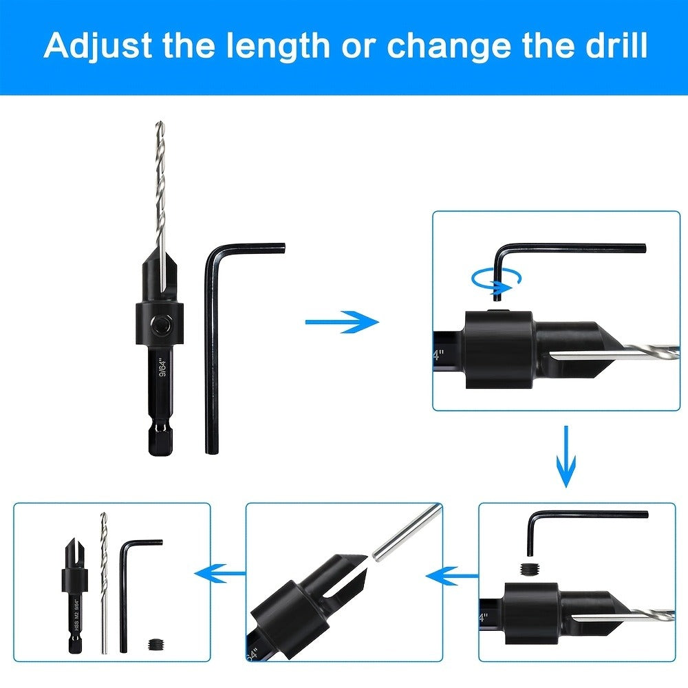 5pcs Countersink Drill Bit Set #4 #6 #8 #10 #12 Tapered with 1/4" Hex Shank Quick-Change – Adjustable Wood Counter Sinker Bits with Allen Wrench for Woodworking - product image 11