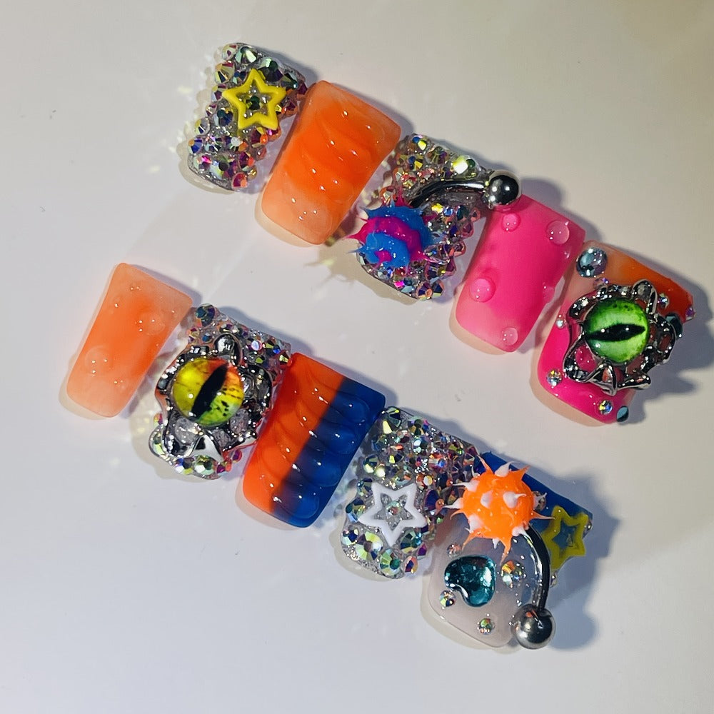 Y2K Duckbill Press On Nails Handmade 3D Charm – Nightmare Eye Barbell Rhinestone Strobe Gradient Star False Nails for Women Girls | Edgy Festival Party Nail Art | S M L Sizes Pink  - product image 9