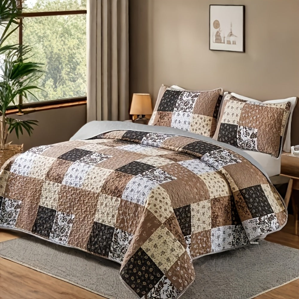 Patchwork Quilted Bedspread Set 3 Piece - 1 Quilt & 2 Pillow Shams Machine Washable All-Season Soft Breathable 100% Polyester Bedding Set for Bedroom Dorm, Twin Full Queen King - product image
