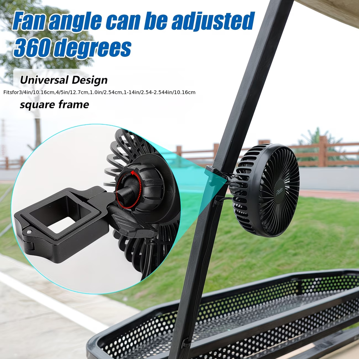 10400mAh Rechargeable, 48H Runtime, 360° Adjustable Head, 3-Speed Remote Control, USB & Type-C, Fits All Square Tube Frames, for Golf, Camping & Fishing | Portable Battery Golf Cart Fan with LED Lantern