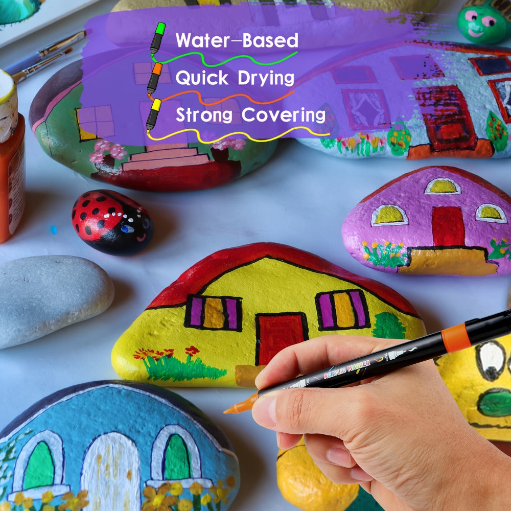 Opaque Waterproof Paint Pens for Wood Stone Rock Glass Ceramic Canvas Fabric Professional Artists Crafters Gift – Acrylic Paint Markers Brush & Fine Dual Tip 30 48 60 Colors