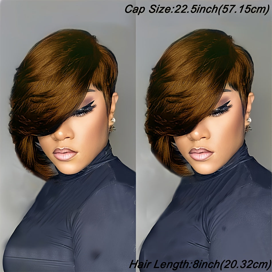 Pixie Cut Human Hair Wig with Bangs 8 Inch 200% Density Glueless | Side Part Layered Straight Rose Net Cap Throw On and Go | #1 #4 #99J Women Daily Party - product image 17