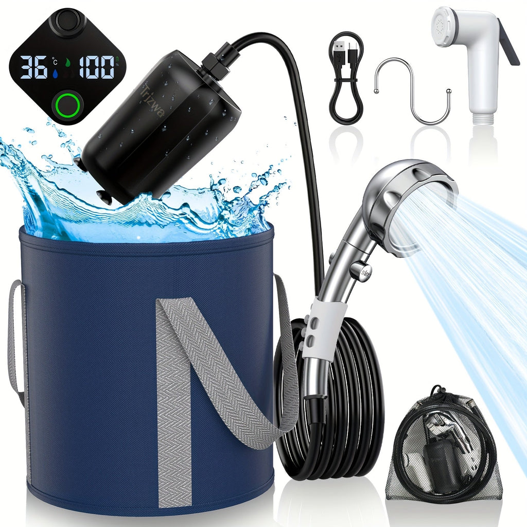 Smart Digital Display, Foldable Bucket Included, Space-saving Featherlight Outdoor Shower Pump for Camping, Hiking, Pet Cleaning, Car Washing & Beach Use - product image