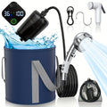 Smart Digital Display, Foldable Bucket Included, Space-saving Featherlight Outdoor Shower Pump for Camping, Hiking, Pet Cleaning, Car Washing & Beach Use - product image