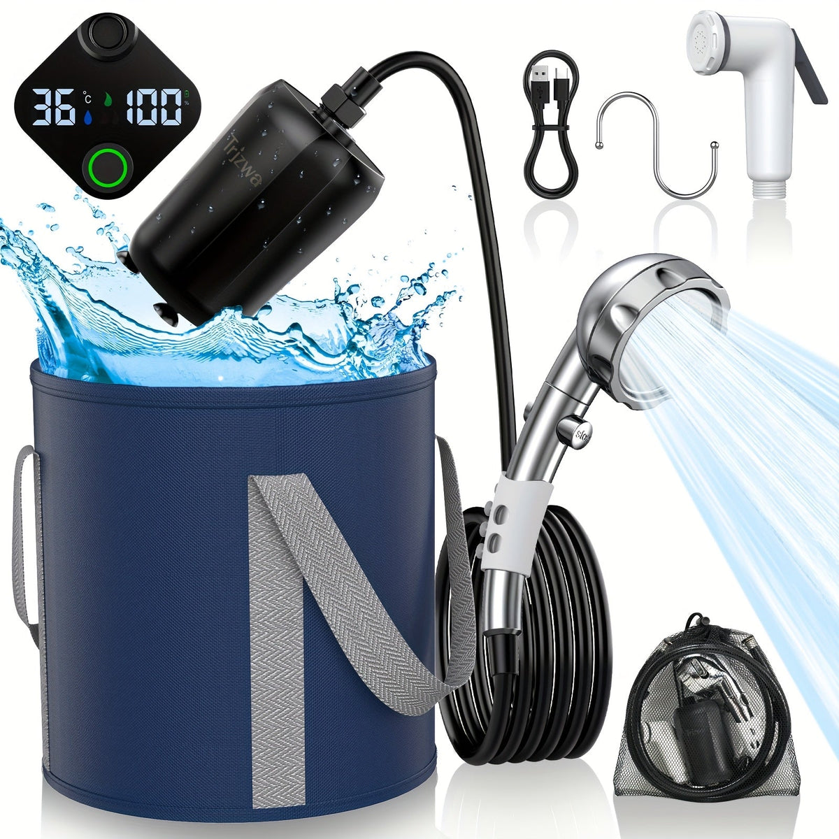 Smart Digital Display, Foldable Bucket Included, Space-saving Featherlight Outdoor Shower Pump for Camping, Hiking, Pet Cleaning, Car Washing & Beach Use - product image