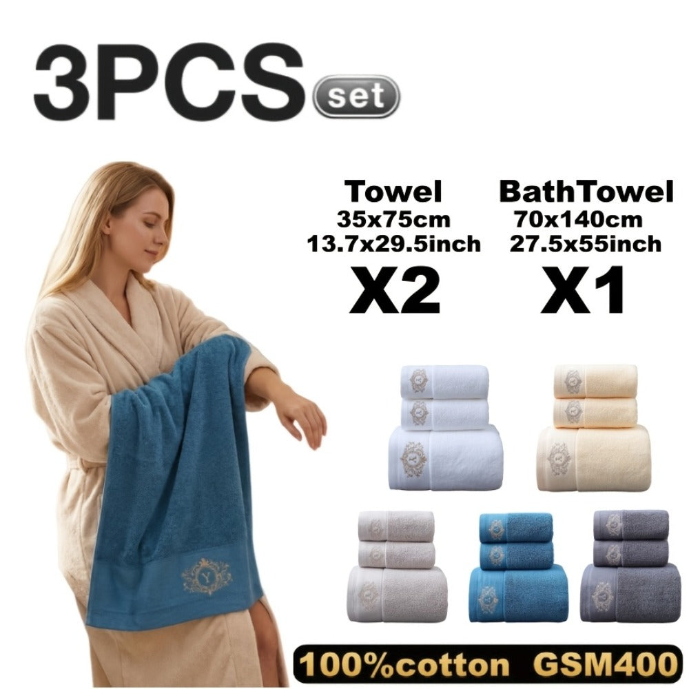 Embroidered Cotton Towel Set 3-Piece – 400g/㎡ Soft Absorbent Lint-Free Bath Towel Hand Towel Set for Home Spa Salon - product image