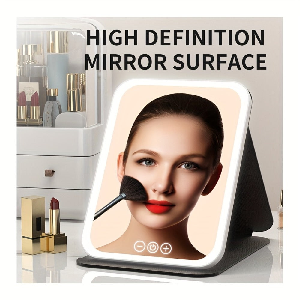 Portable LED Makeup Mirror Folding with Touch Screen - USB Rechargeable Vanity Mirror, Tri-Color Dimmable Lighting, Travel Desk Tabletop, Square or Round Shape, Pink or White, Cord - product image 8